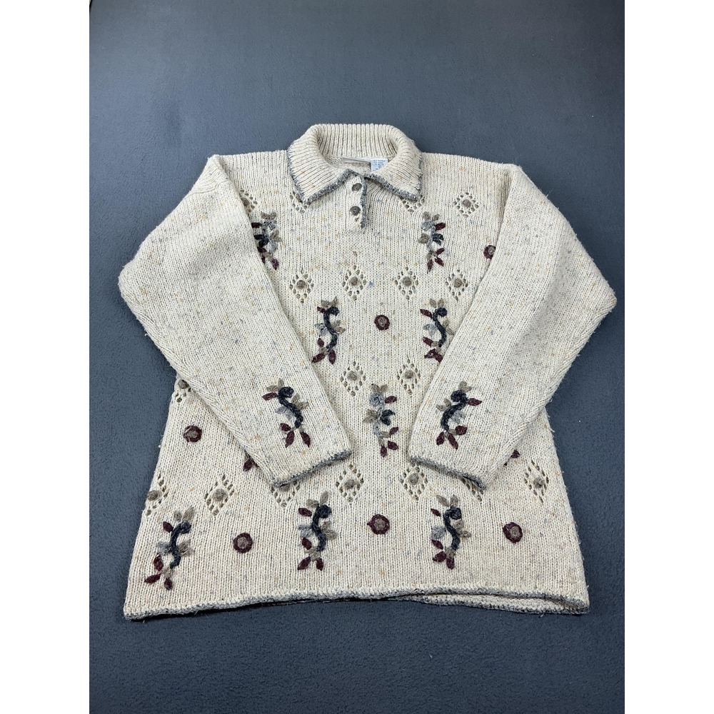 Capacity Sweater Womens Small White Chunky-Knit Collared Pullover Embroidered